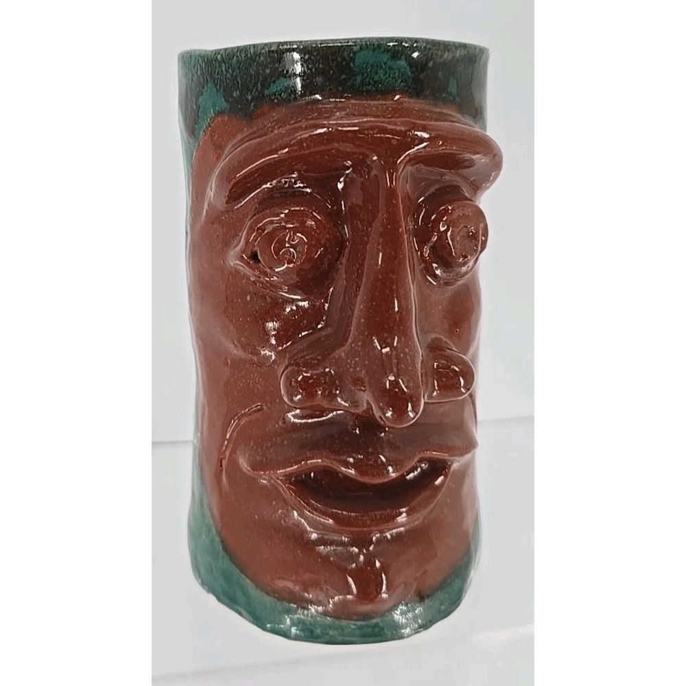 Vtg Signed‎ Handmade Art Pottery Coffee Cup Mug Green Brown Tree Face - Unique!